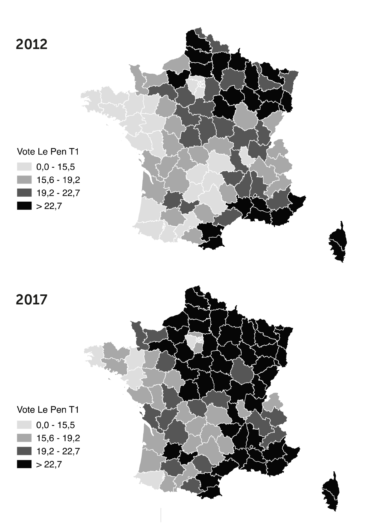 Les votes Le Pen aux premiers tours des présidentielles de 2012 et 2017