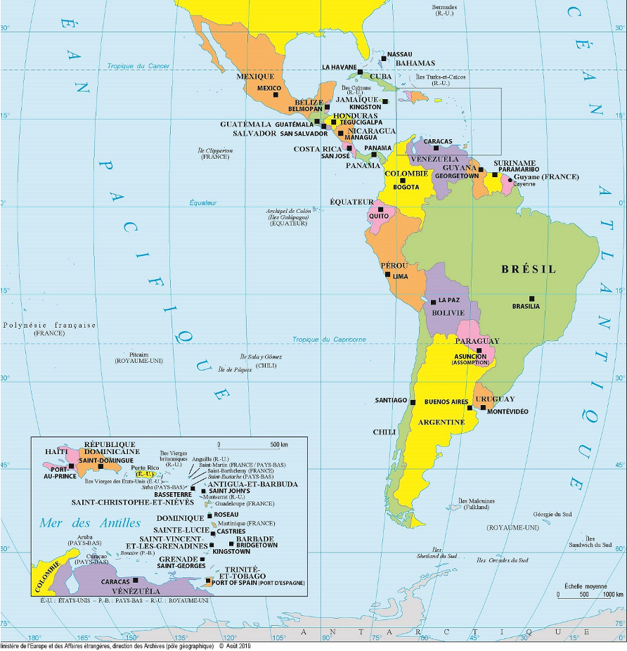 Carte de l’Amérique latine et des Caraïbes (© Ministère de l’Europe et des affaires étrangères, 2019)