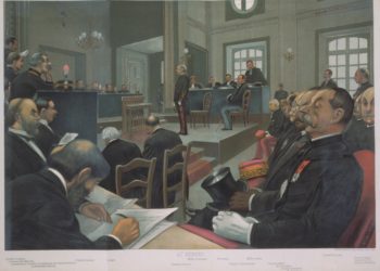 Scène d'audience de la piste d'espionnage du capitaine Alfred Dreyfus à Rennes en 1899.