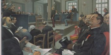 Scène d'audience de la piste d'espionnage du capitaine Alfred Dreyfus à Rennes en 1899.