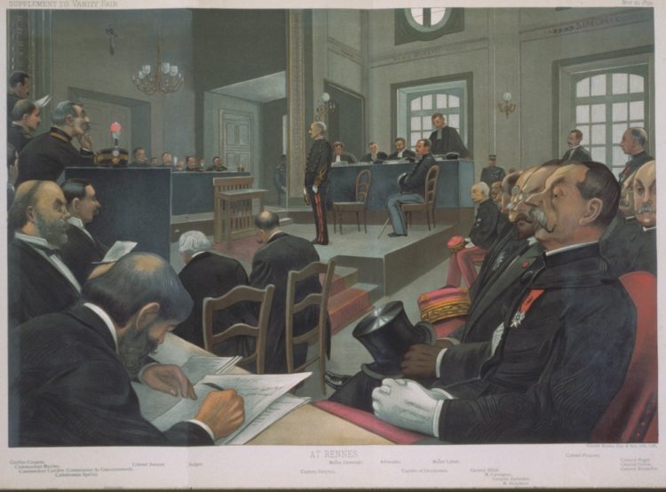 Scène d'audience de la piste d'espionnage du capitaine Alfred Dreyfus à Rennes en 1899.