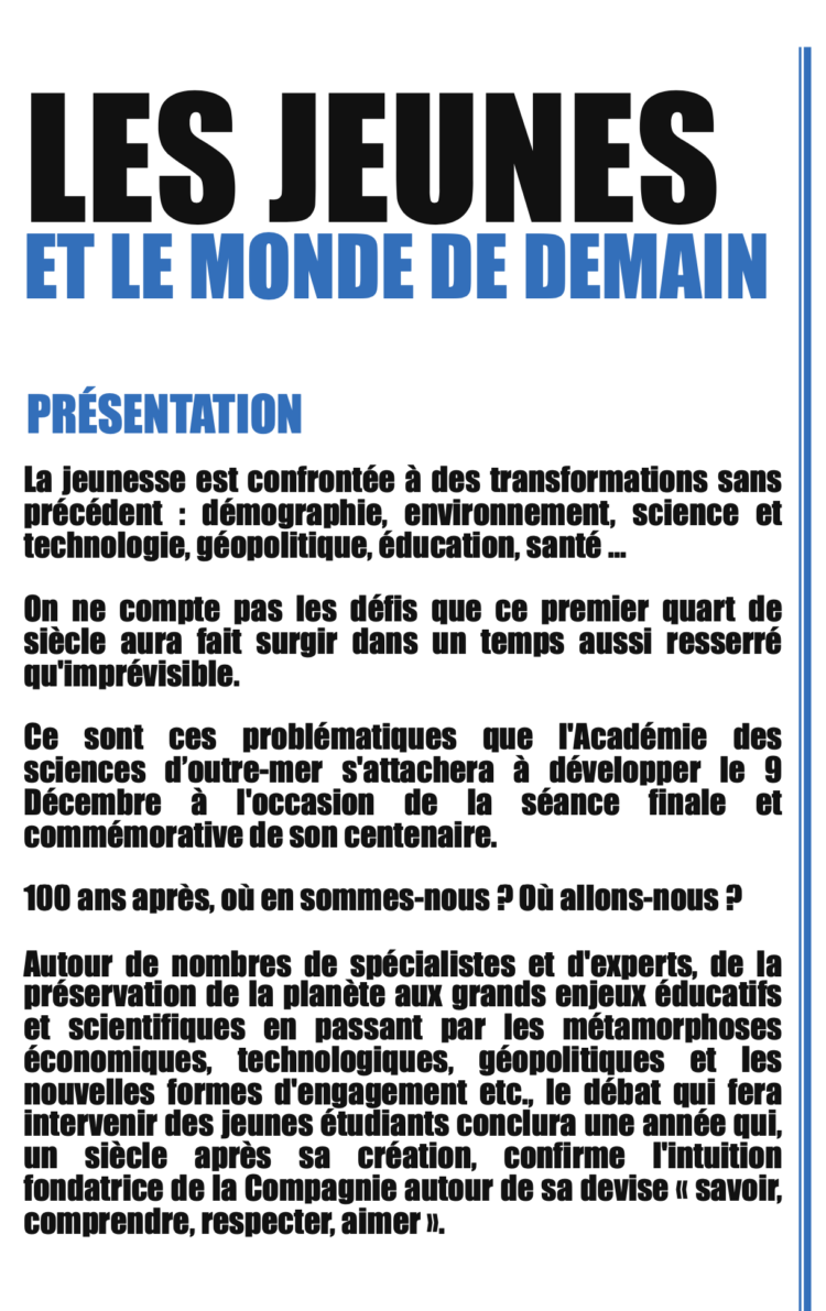 Académie des sciences d&rsquo;outre-mer – « Les jeunes et le monde de demain »