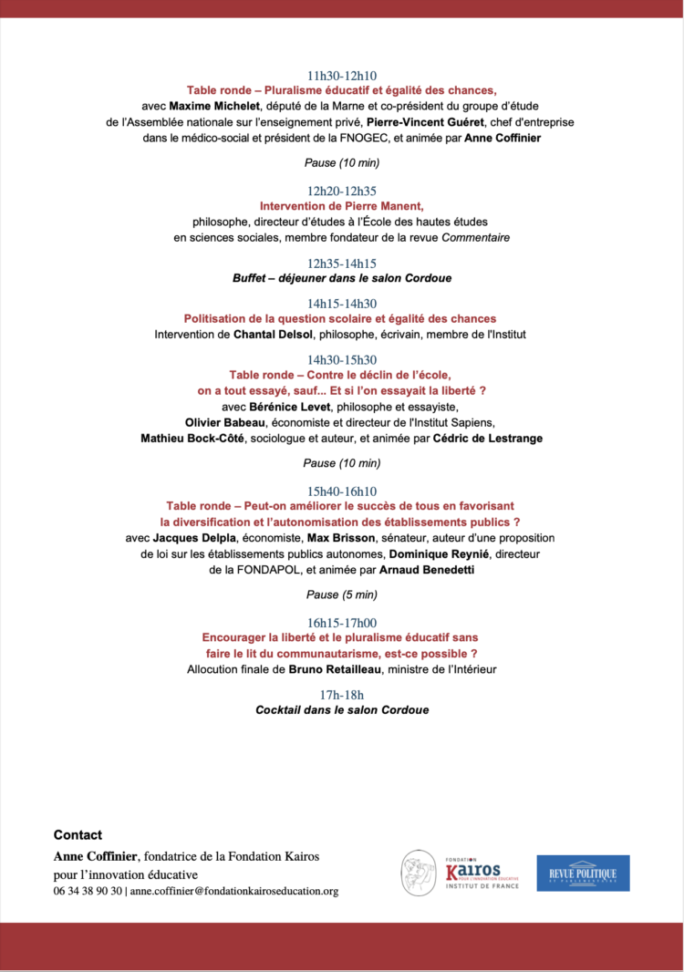 Colloque « Ecole : l&rsquo;égalité par la liberté ? »